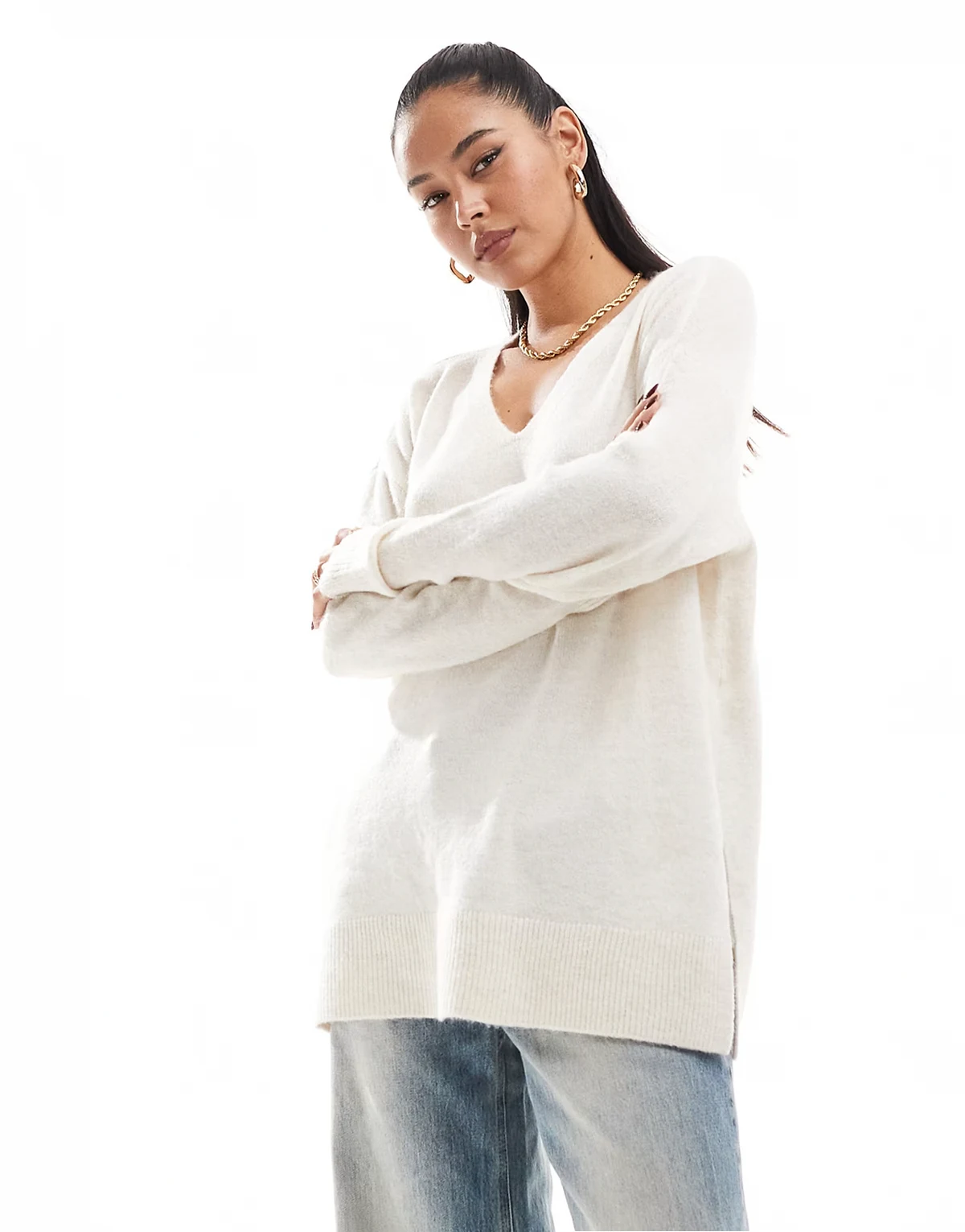 – Weicher Longline-Pullover in Cremeweiß