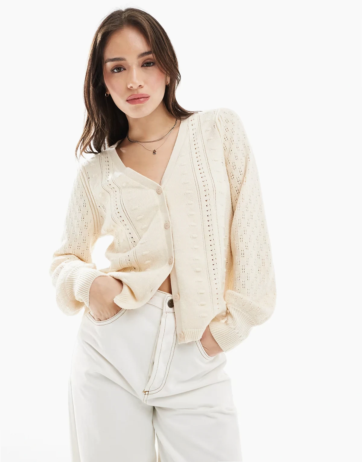 textured pointelle cardigan in cream