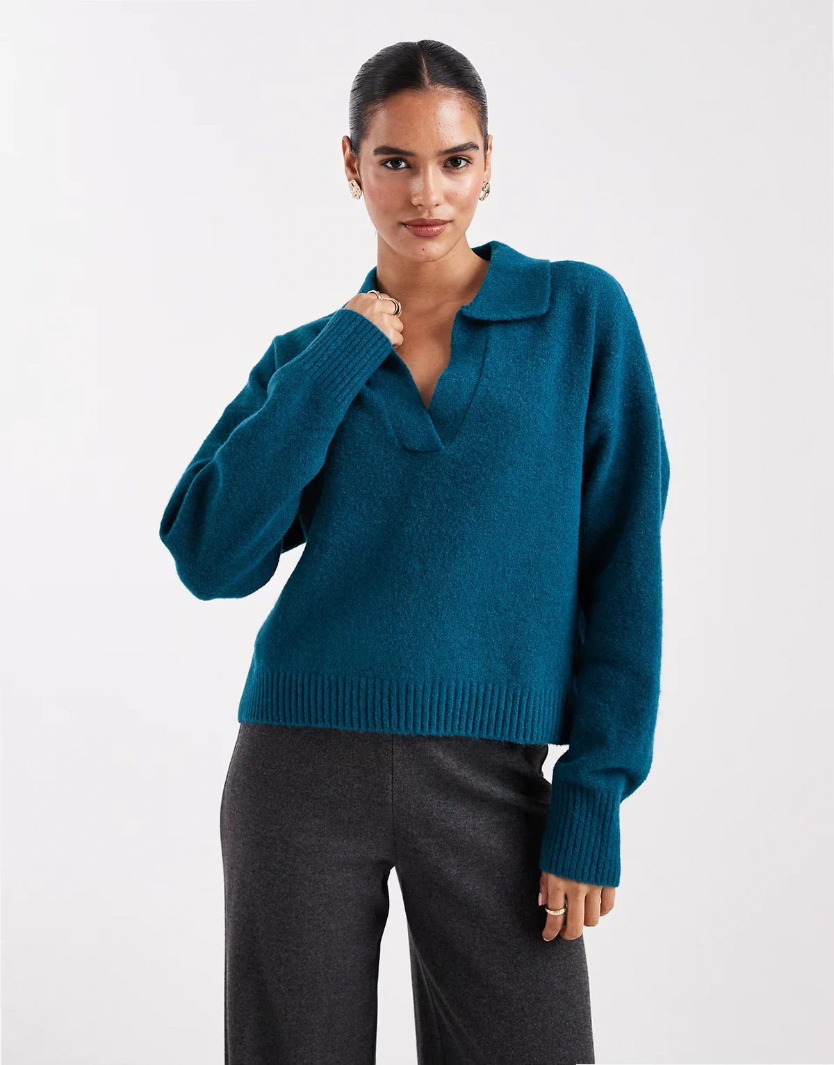 long sleeve collar polo knit sweater in teal