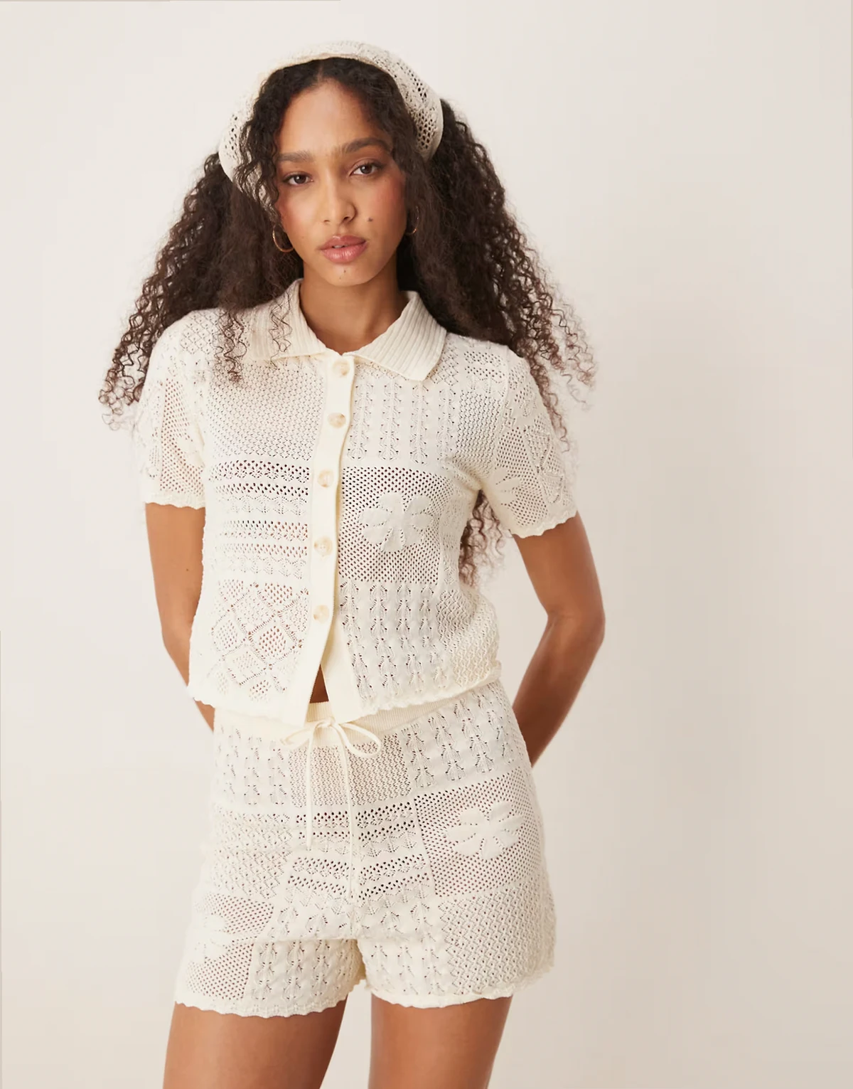 knit patchwork shirt in cream - part of a set