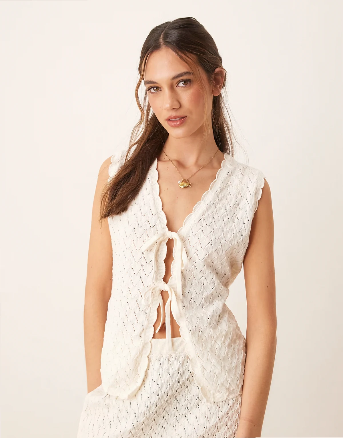 crochet knit tie front cardigan in ecru - part of a set