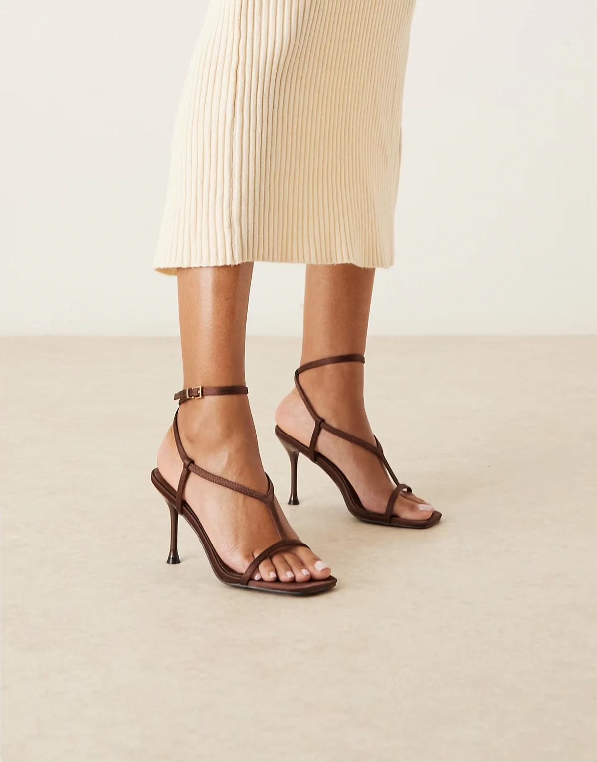 strappy heeled sandals in brown satin