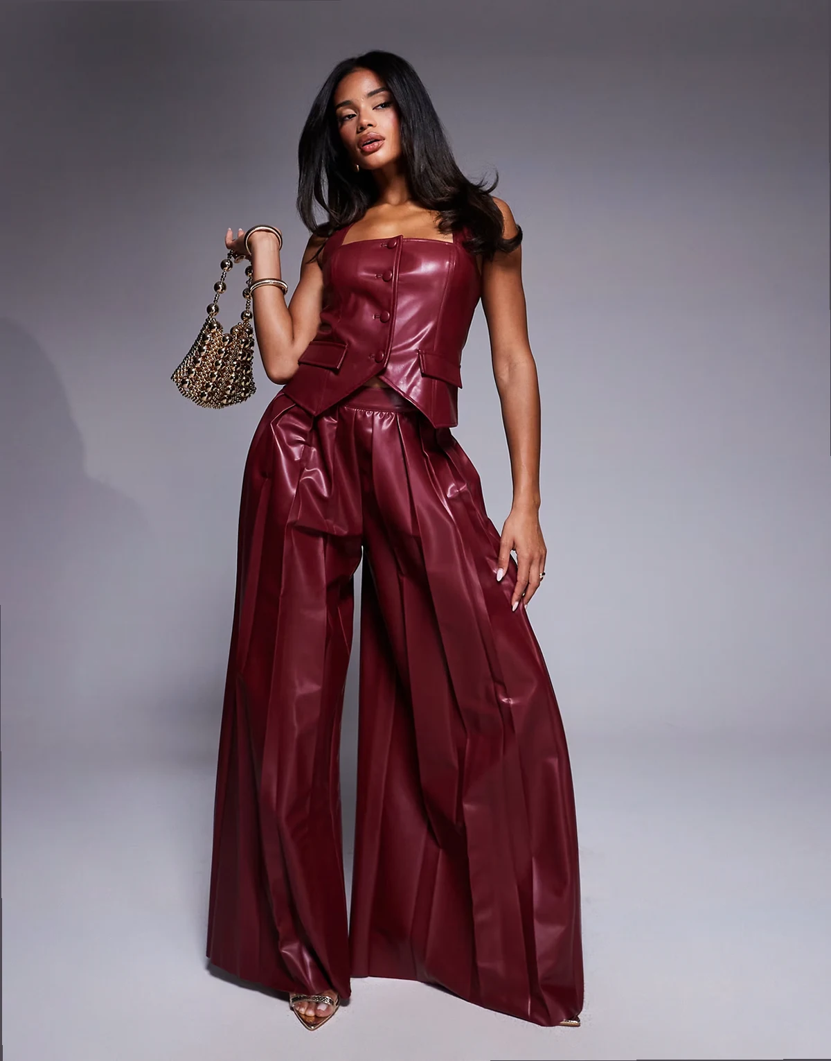 PU pleated pants in dark cherry - part of a set