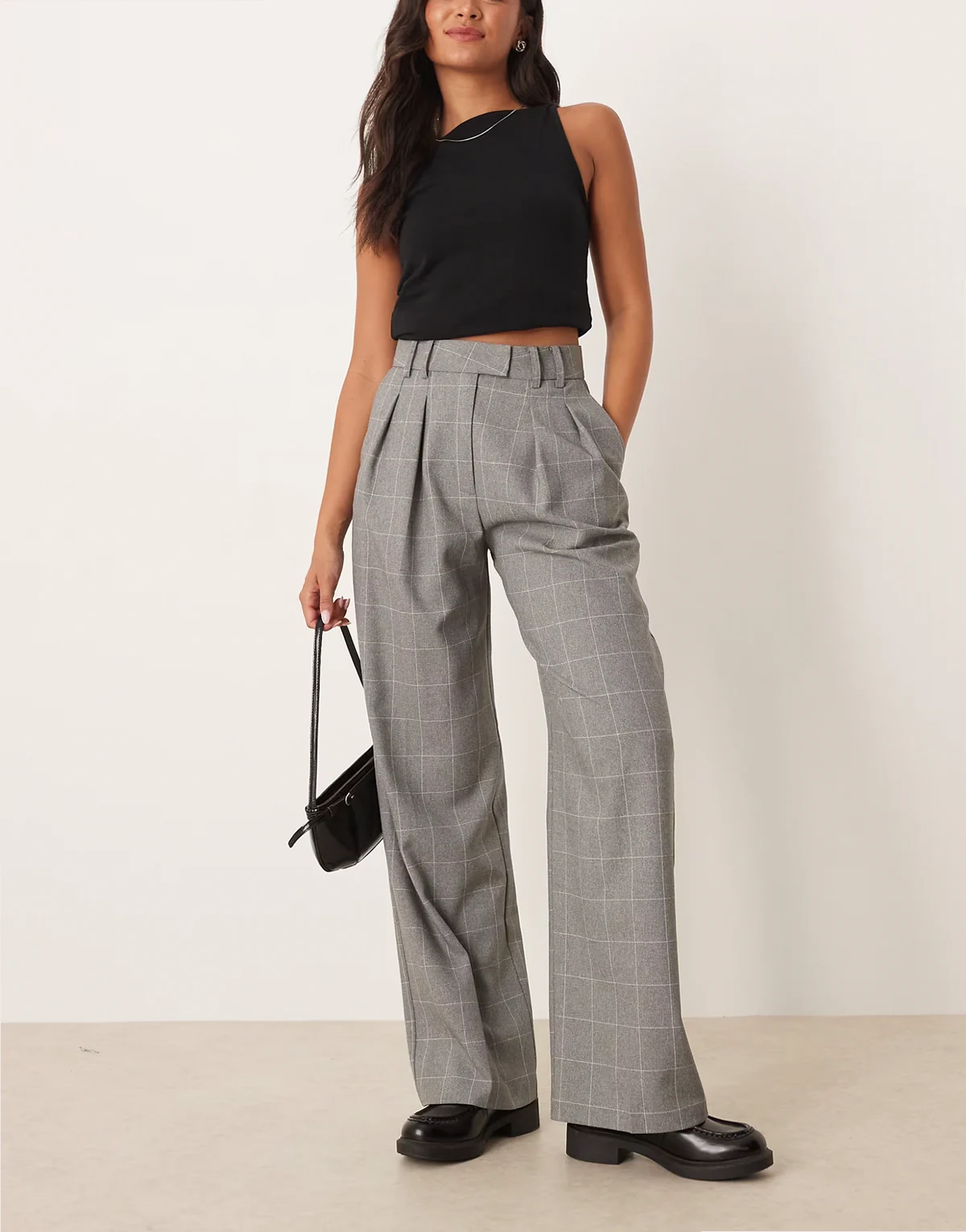 – Elegante Hose mit weitem Bein, Gitterkaromuster und Bundfalten