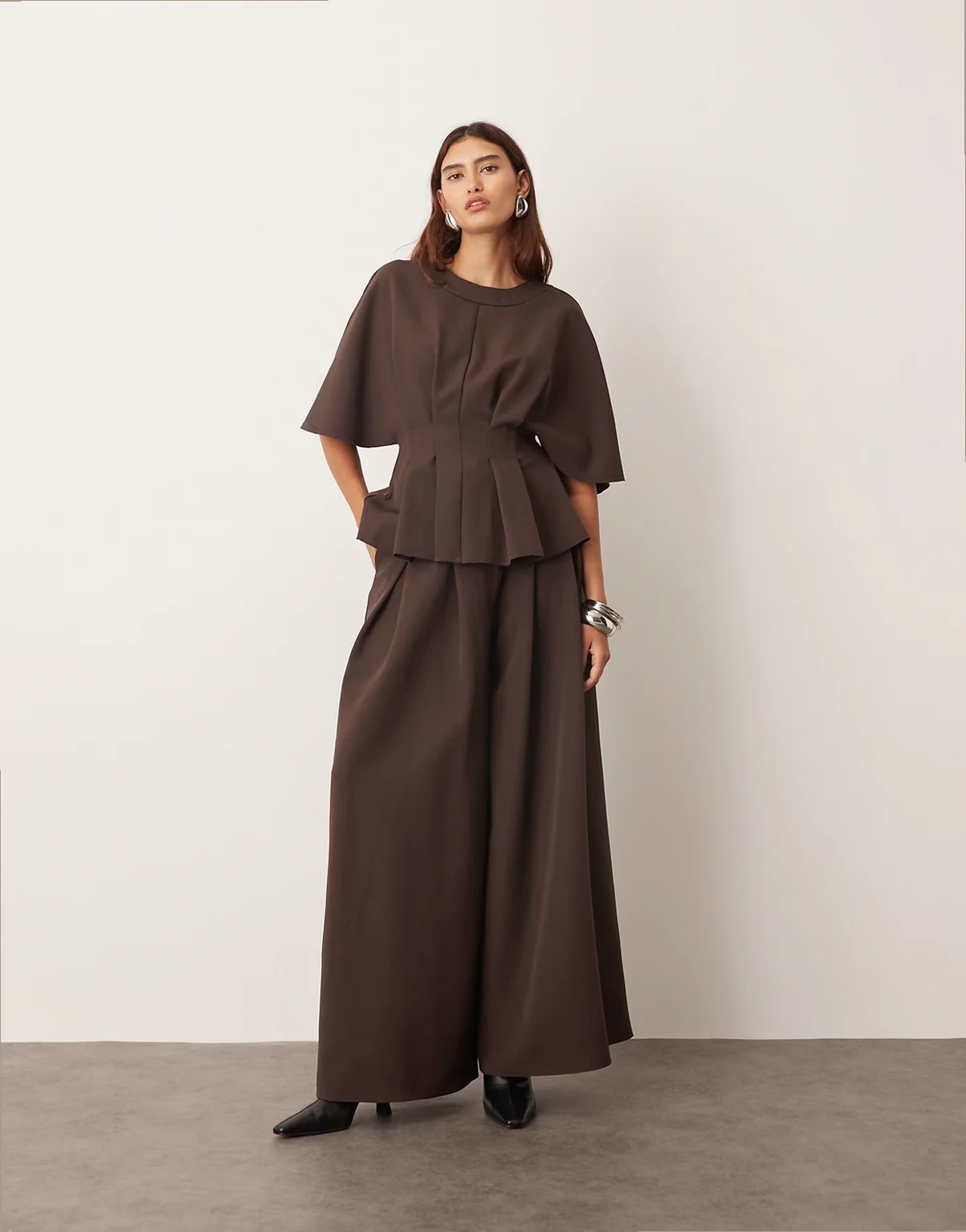 pleat waist tailored wide leg pants in deep chocolate - part of a set