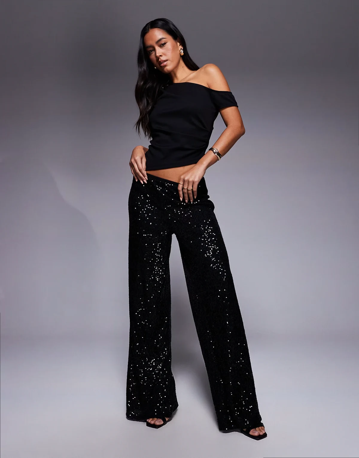– Pailletten-Hose in Schwarz mit weitem Bein