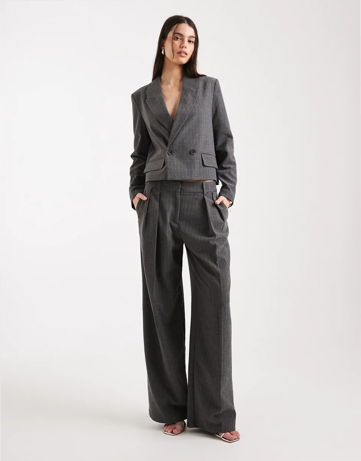 high waisted pleated tailored pants in medium gray herringbone - part of a set