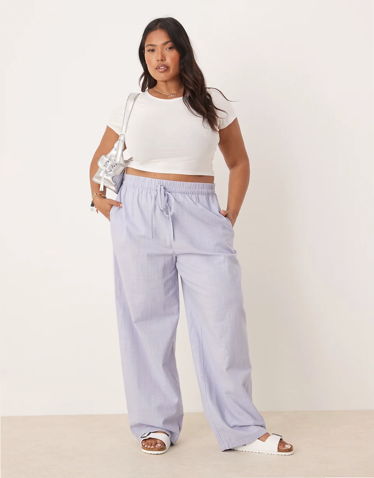 ASOS DESIGN Curve – Wciągane niebieskie spodnie z materiału przypominającego len