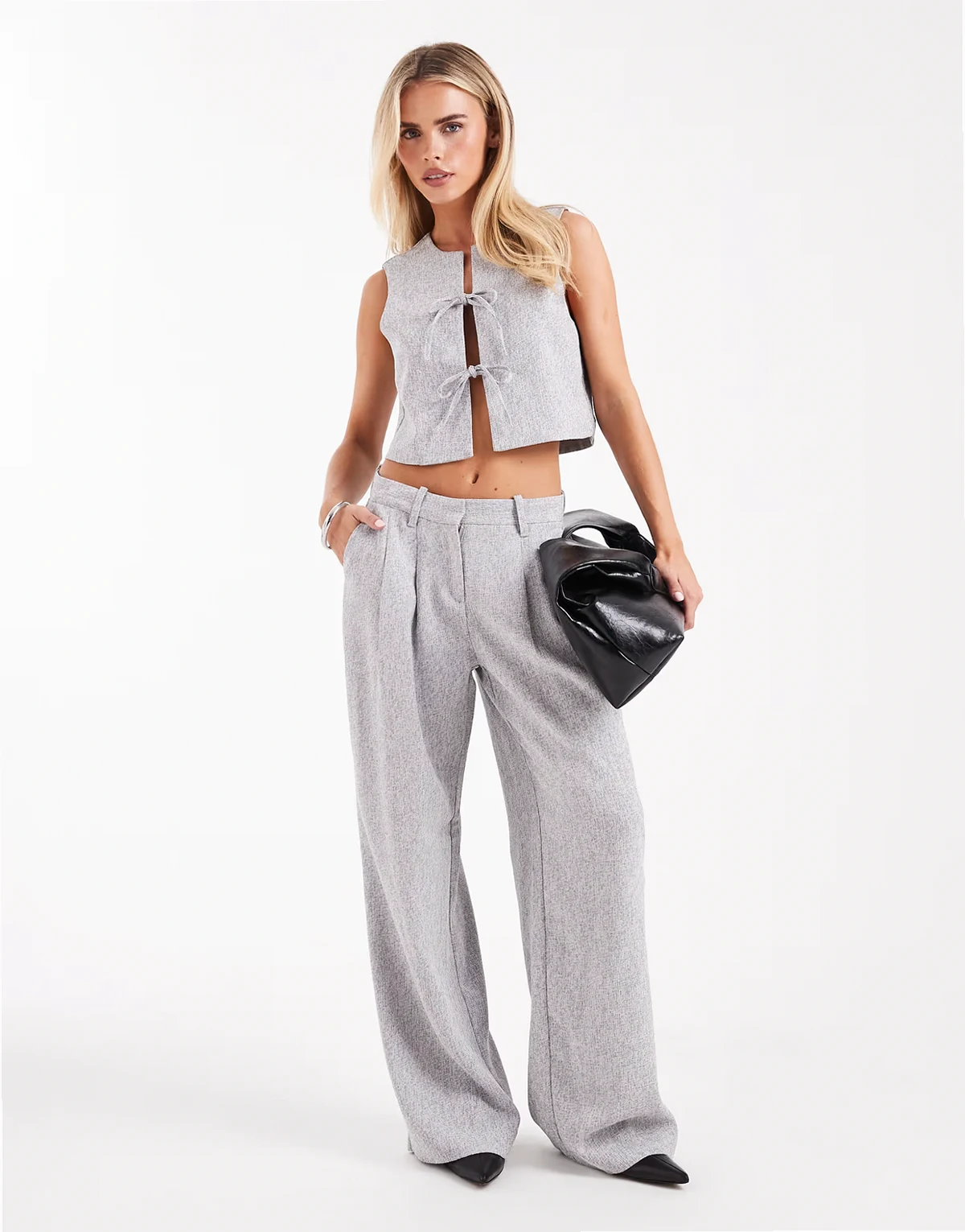 tailored pleated front wide leg pants in heather gray - part of a set