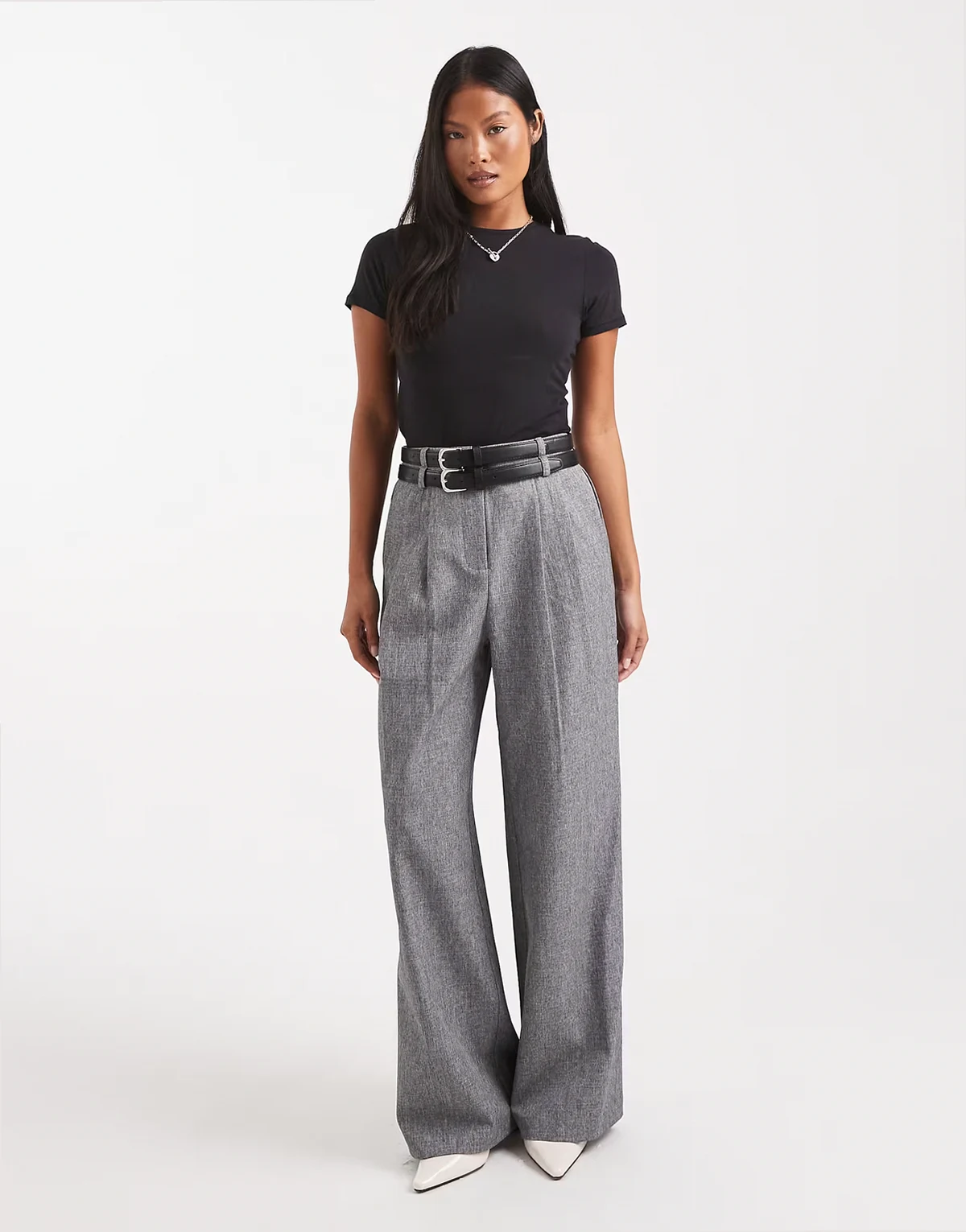 double belt detail wide leg tailored pants in gray