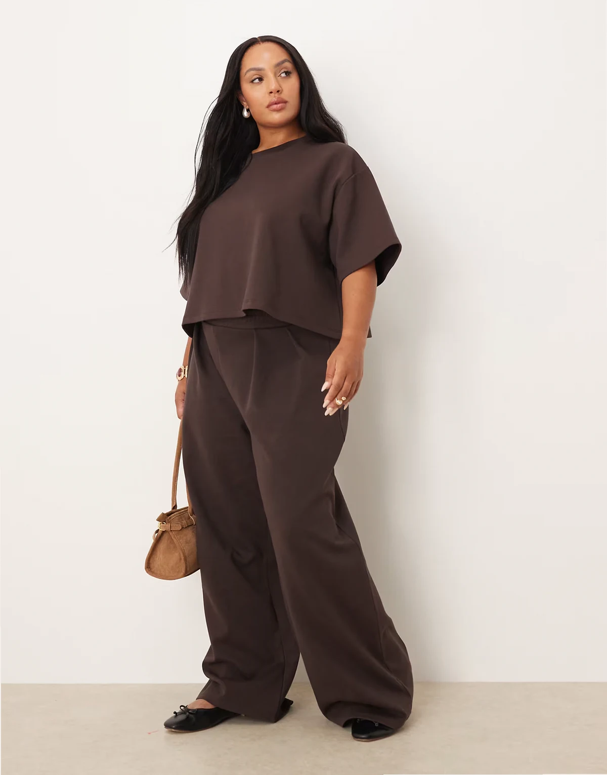 ASOS DESIGN Curve interlock wide leg pants in chocolate - part of a set