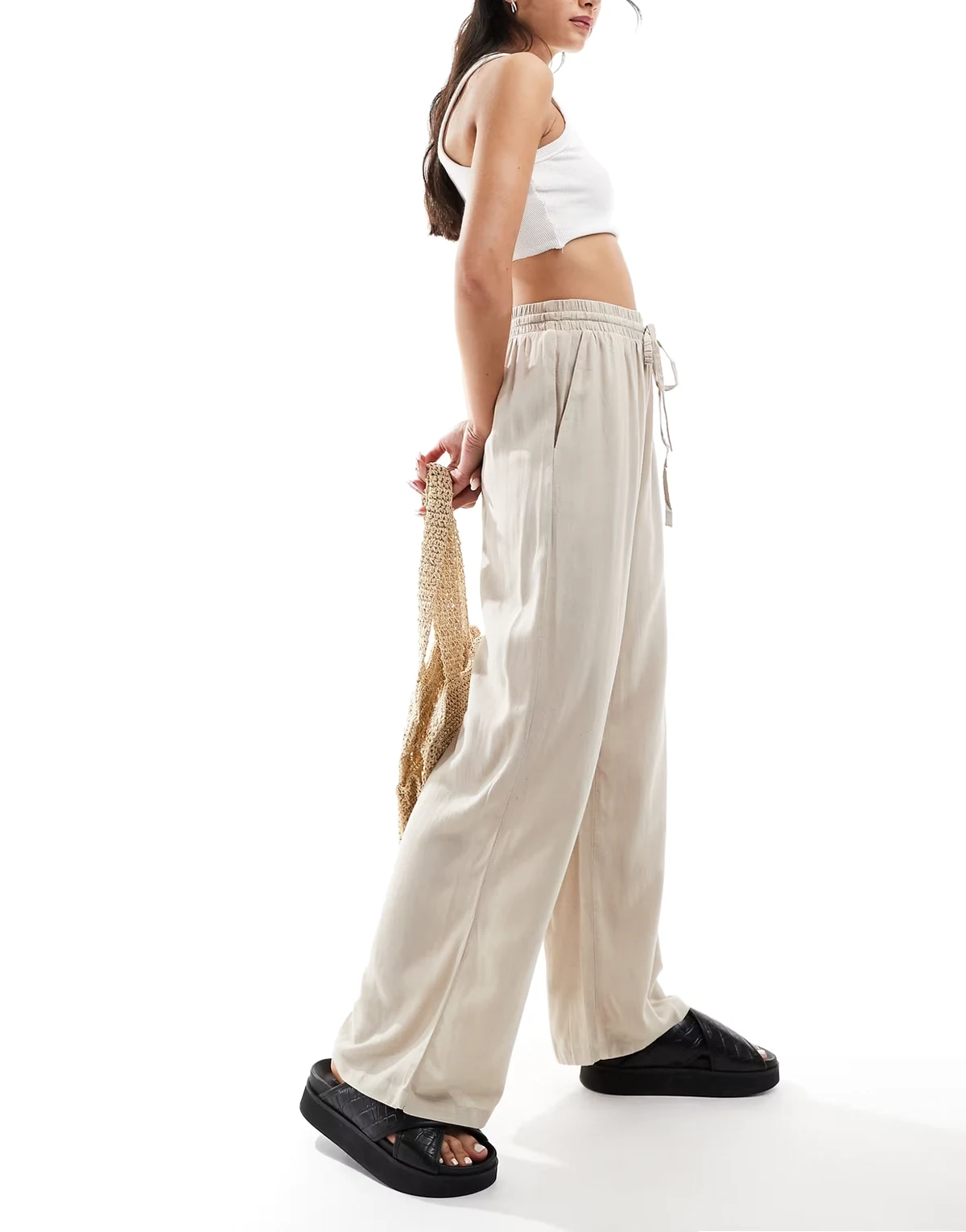 – Weit geschnittene Hose in Steinbeige mit Leinenanteil und Tunnelzug