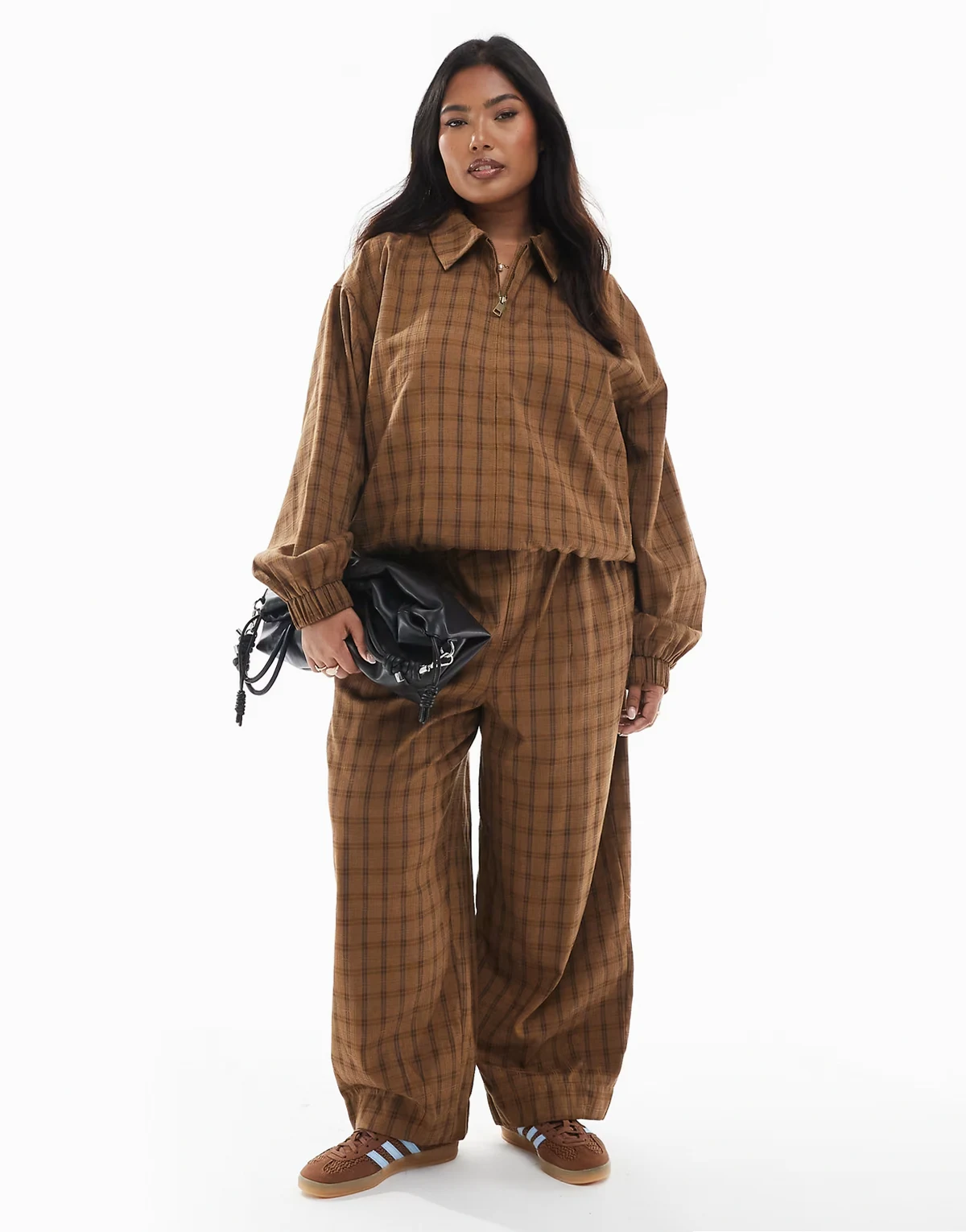 ASOS DESIGN Curve textured barrel leg pull on pants with seam detail in mustard plaid - part of a set