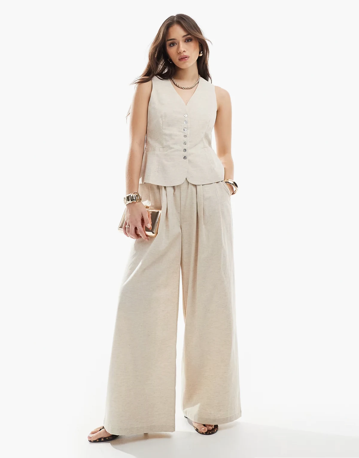 linen blend tailored ruched waistband wide leg pants in beige - part of a set