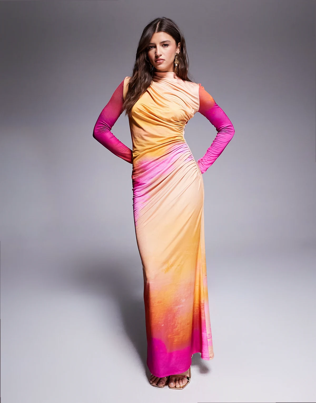 ruched maxi dress in blur print