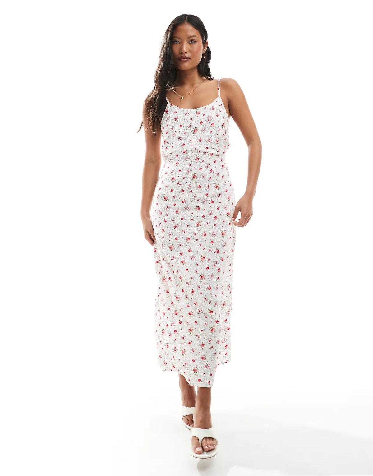 strappy scoop neck maxi slip dress in heart print