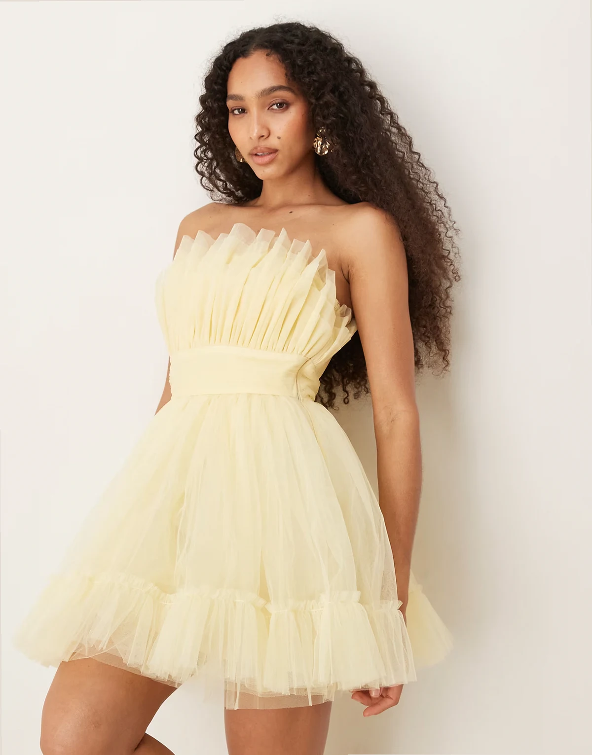 bandeau structured tulle mini dress in lemon