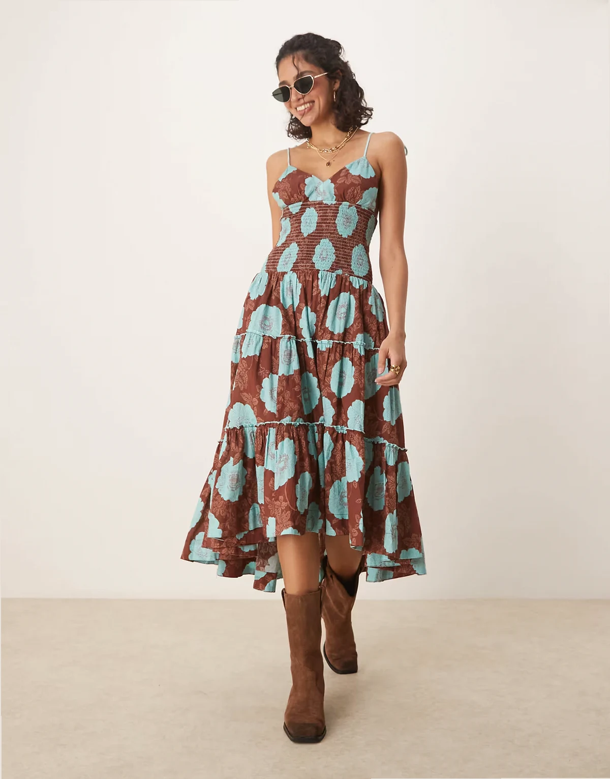 adriel floral print knee length cami dress in nutmeg
