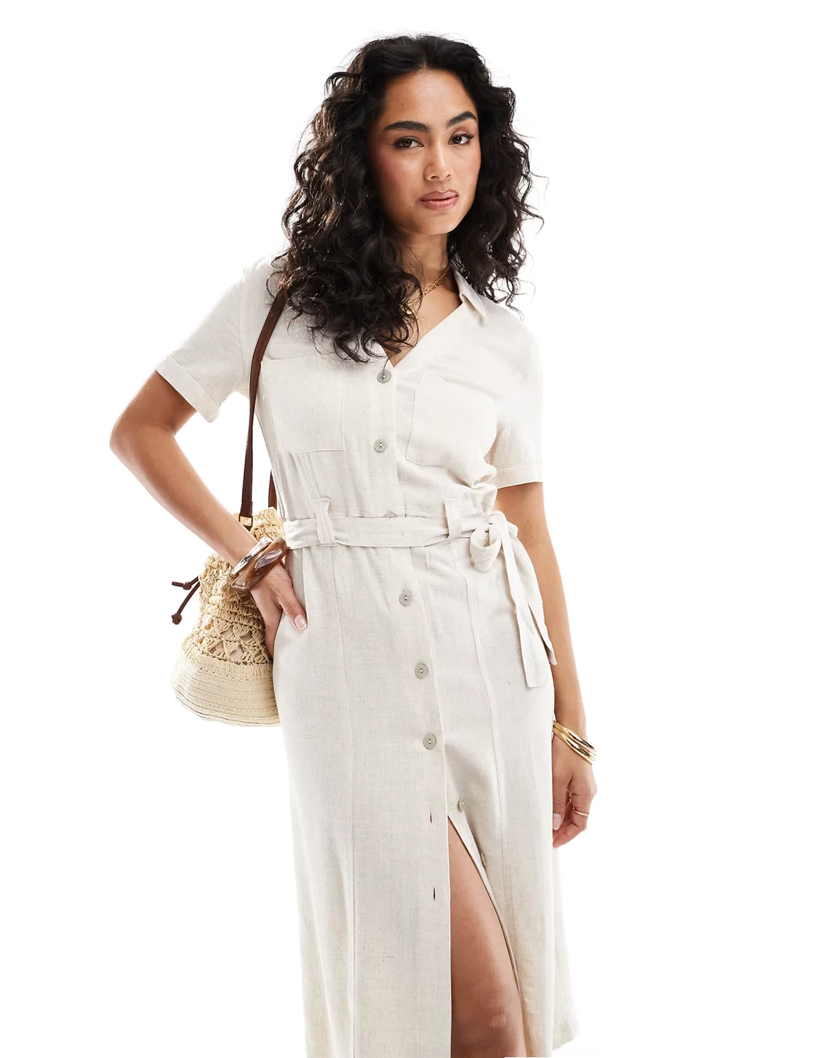 – Freizeitkleid in Creme aus Leinenmix mit Bindebund