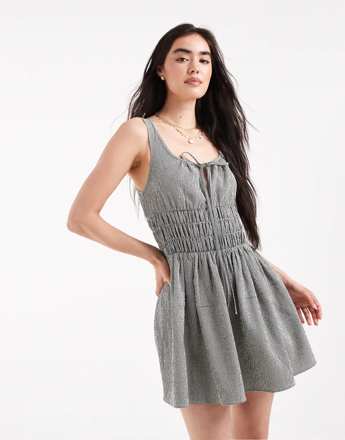 shirred waist detail mini dress in gingham plaid