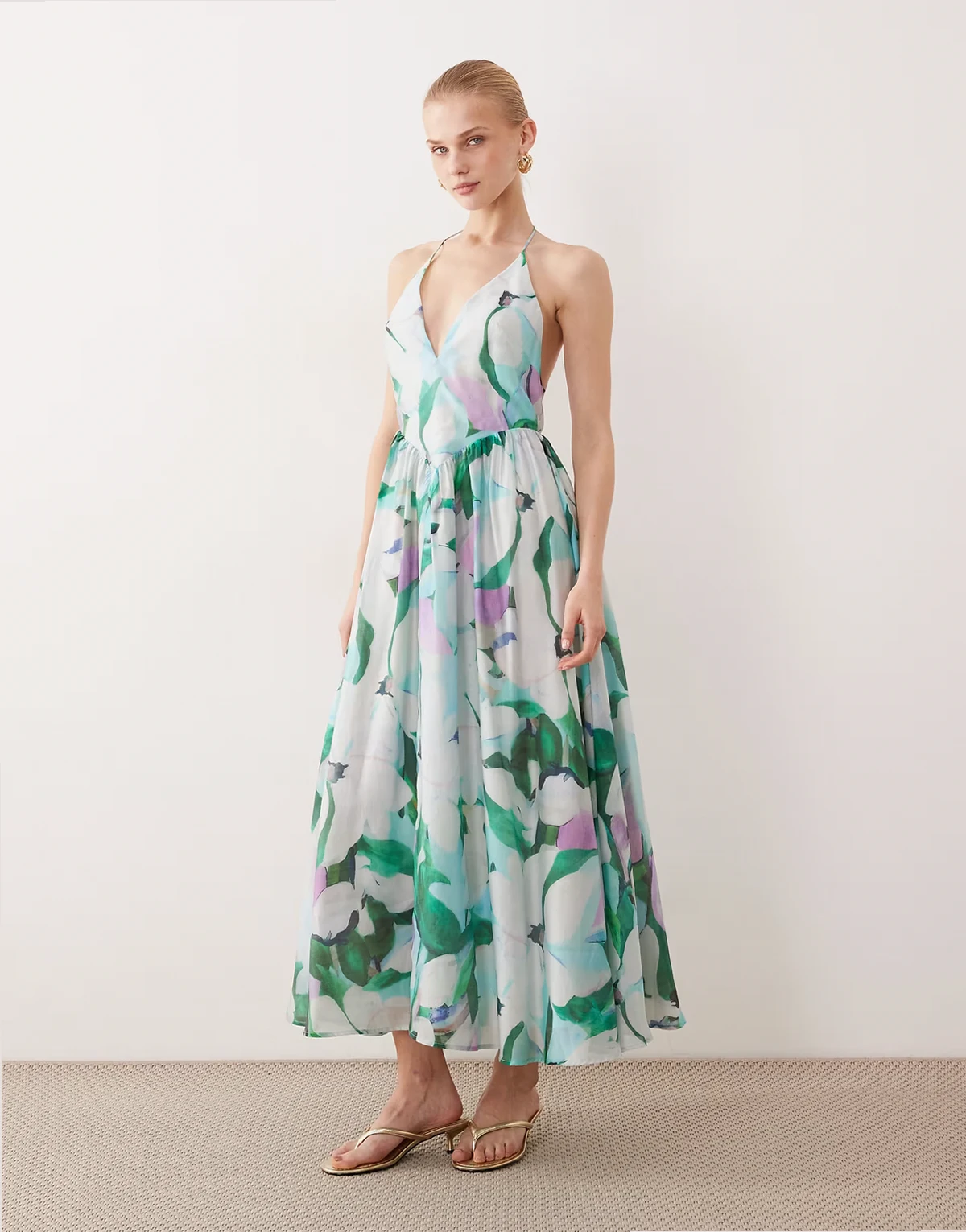 halter midaxi dress in green floral