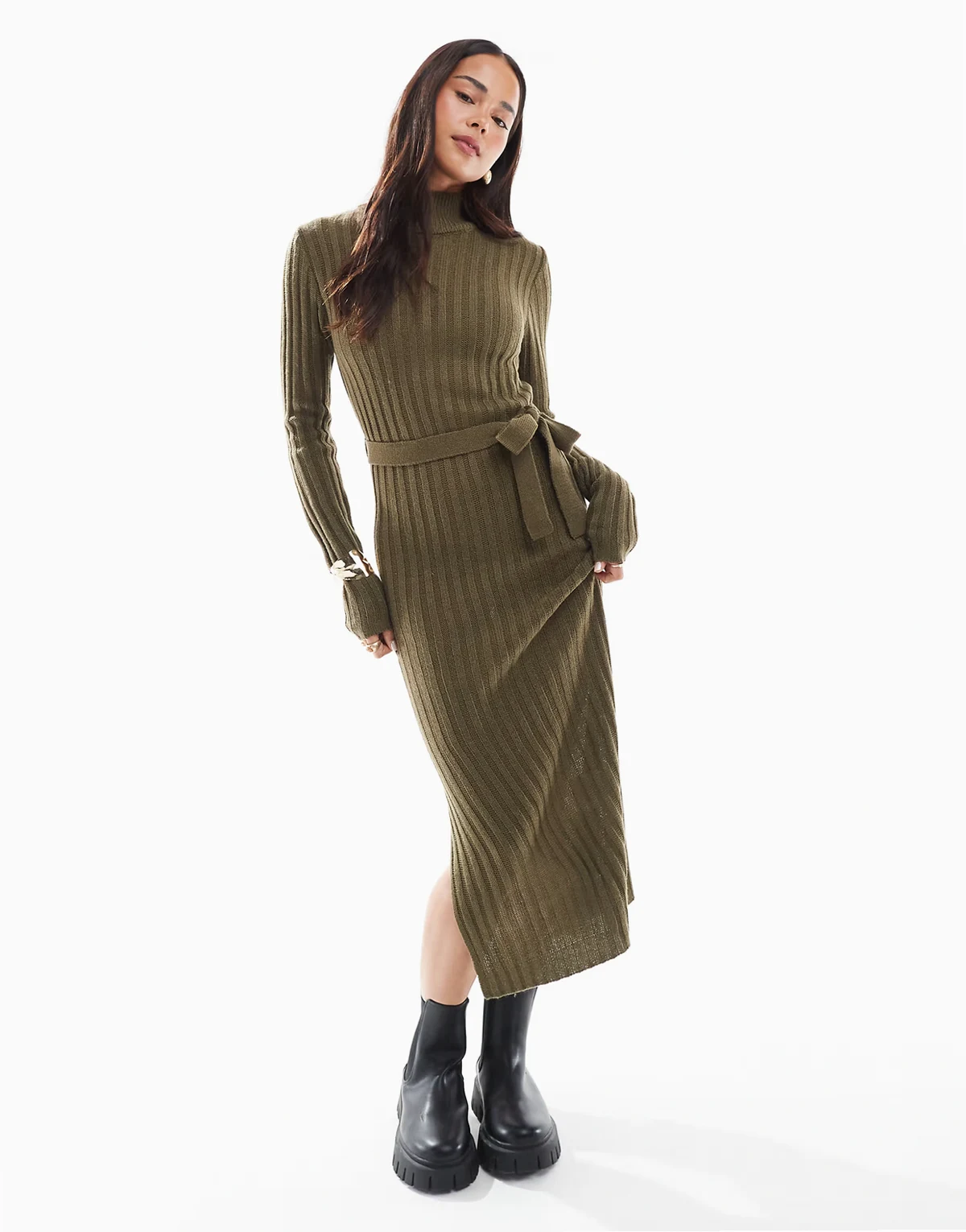 knit ribbed turtleneck midi dress with tie belt in khaki