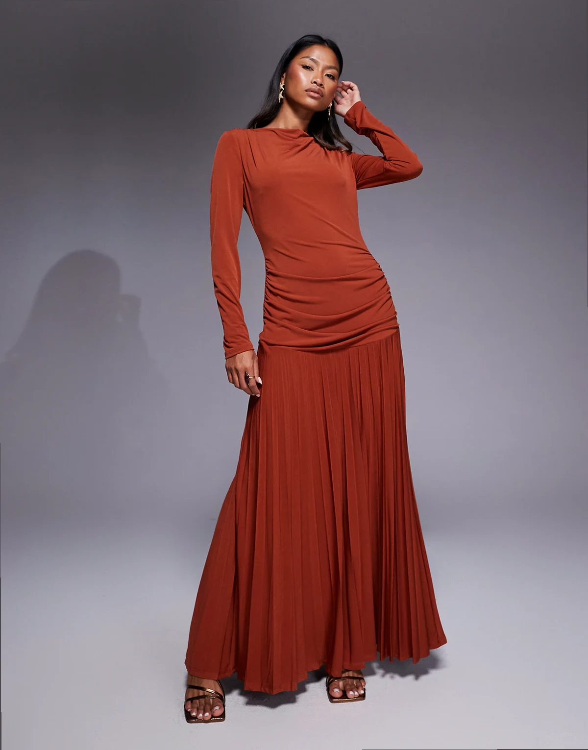 pleated maxi dress in rust