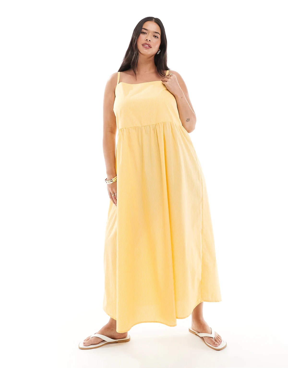 Pieces Curve cami midi dress in pale yellow stripe