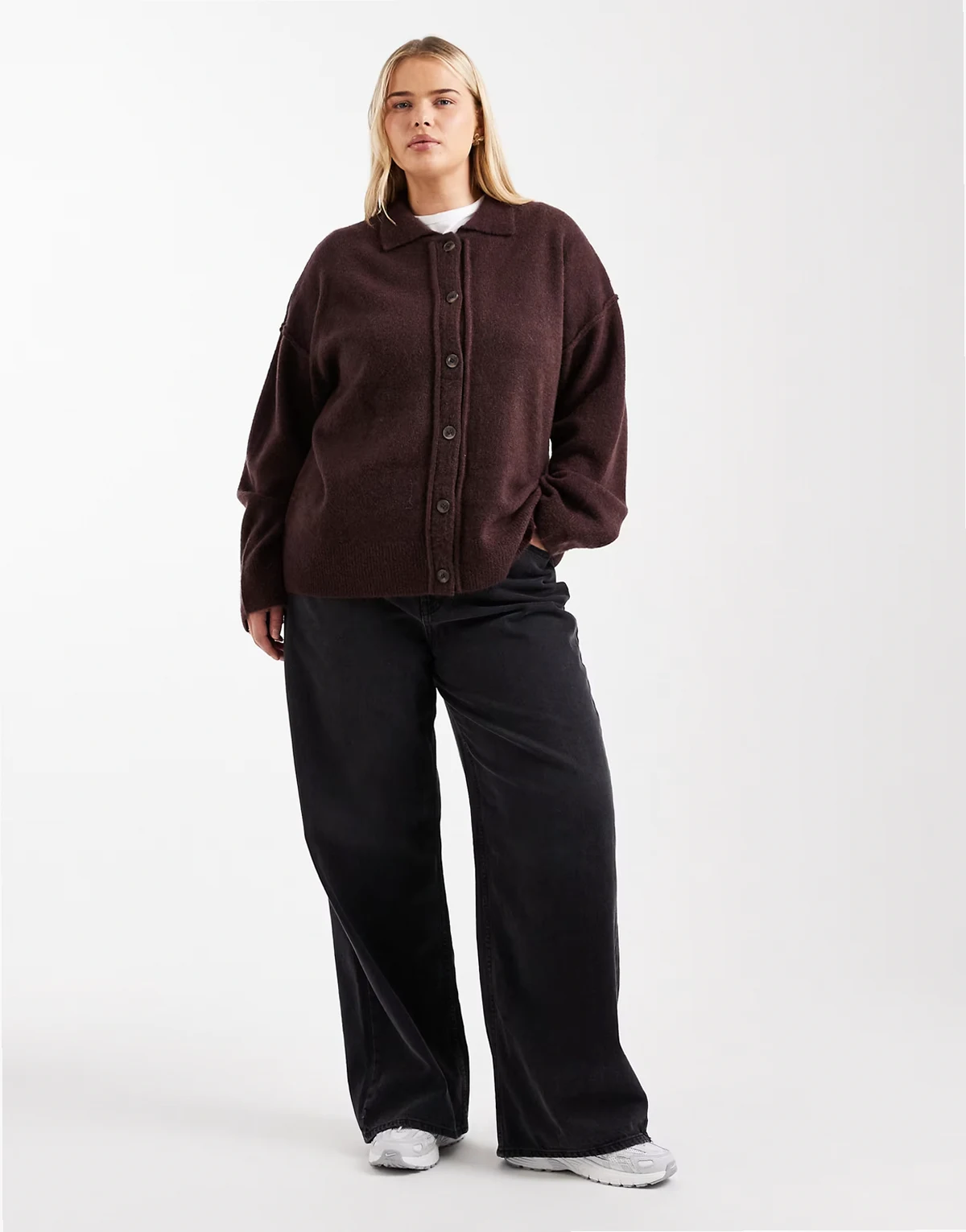 ASOS DESIGN Curve – Dzianinowy kardigan z koszulowym kołnierzem i ozdobnymi szwami w kolorze śliwkowym