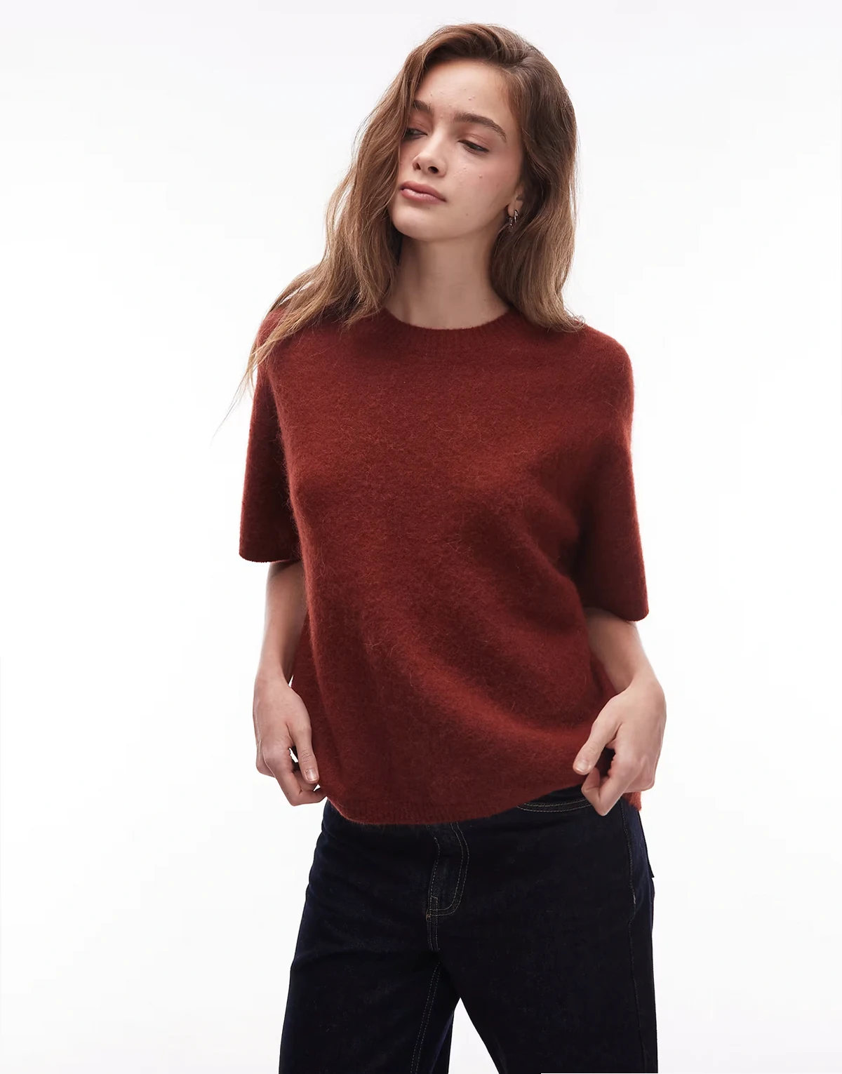 – Kurzärmliger Pullover in Rostbraun aus Alpaka-Wollmix