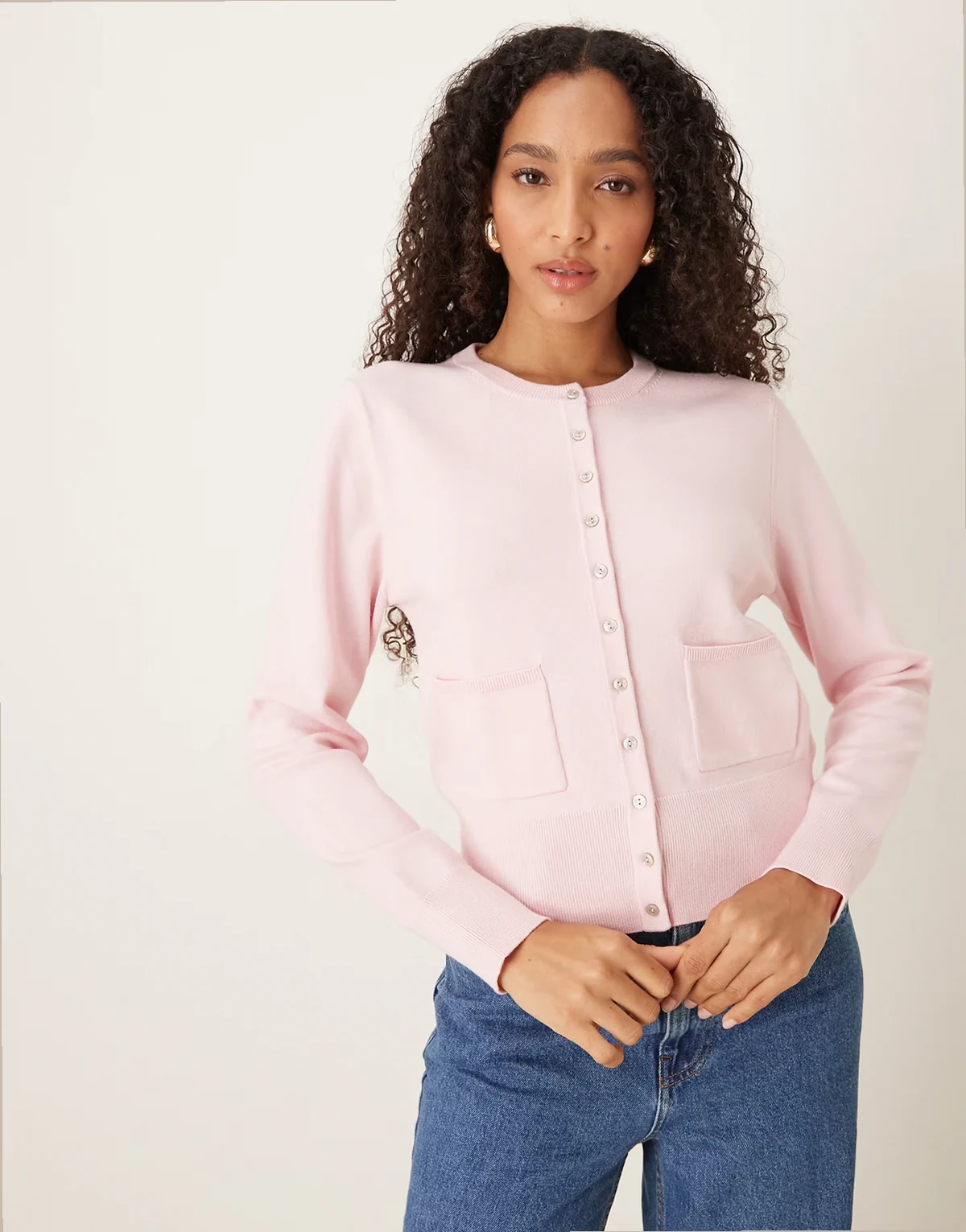 crew neck micro knit cardigan in pink