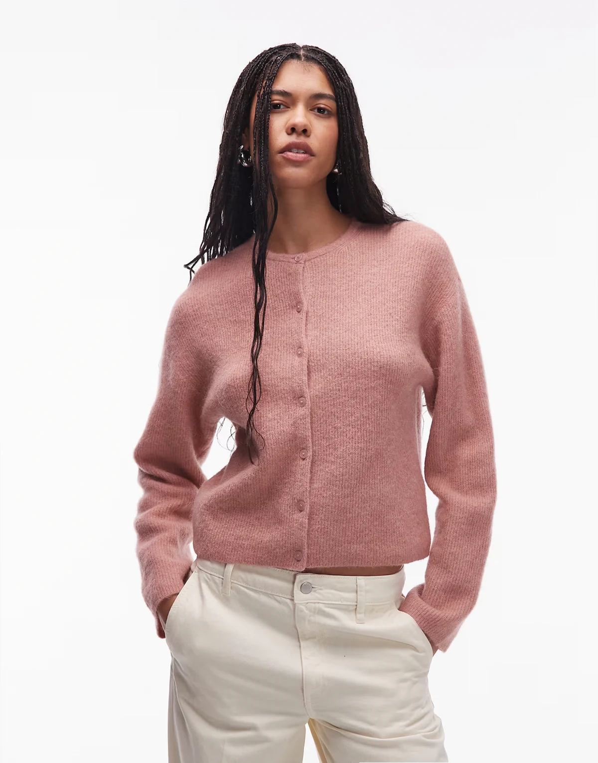 – Strickjacke aus Alpaka und Wolle in Vintage-Rosa mit Knopfleiste vorne