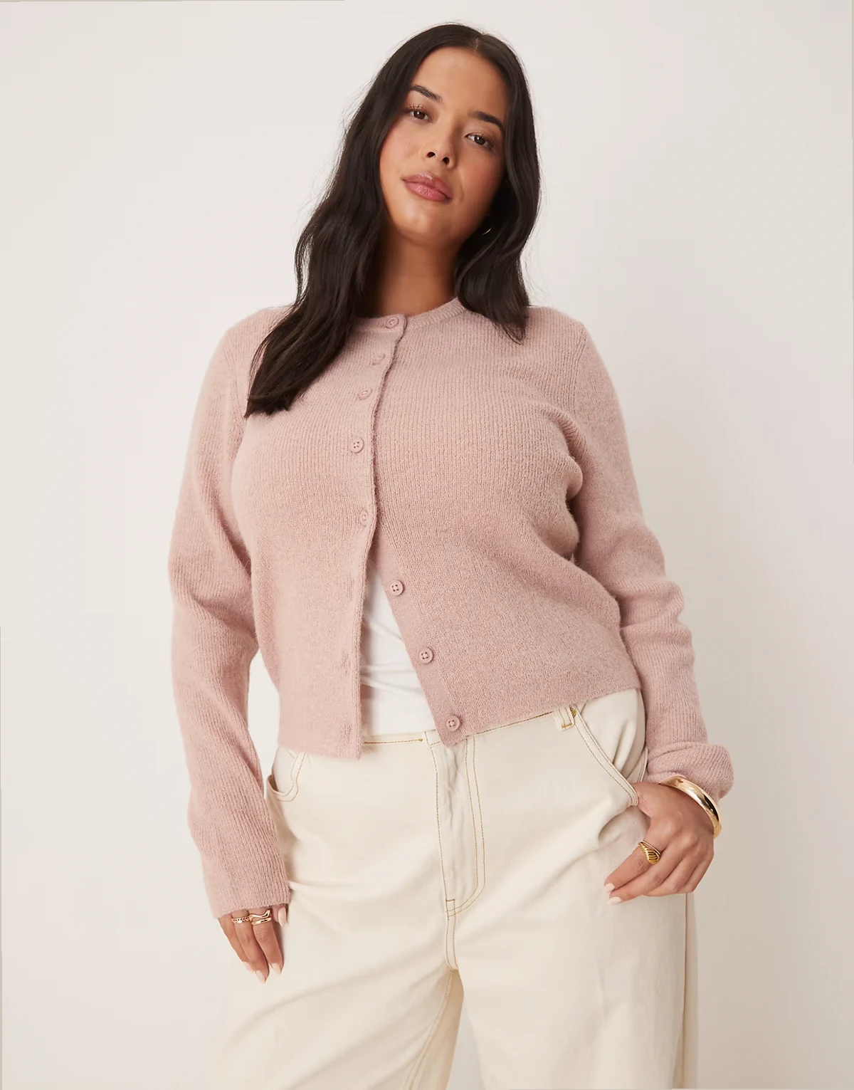 ASOS DESIGN Curve – Jasnoróżowy, krótki kardigan z okrągłym dekoltem