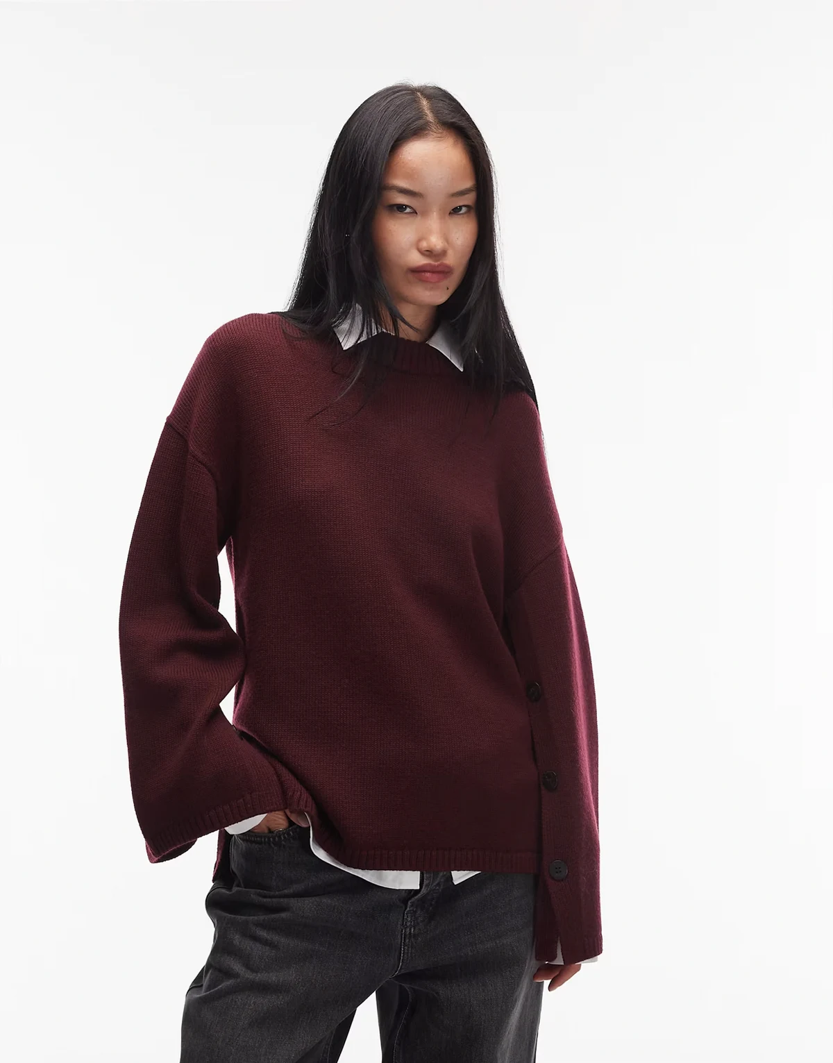 pure wool sweater with button cape sleeves in burgundy wine