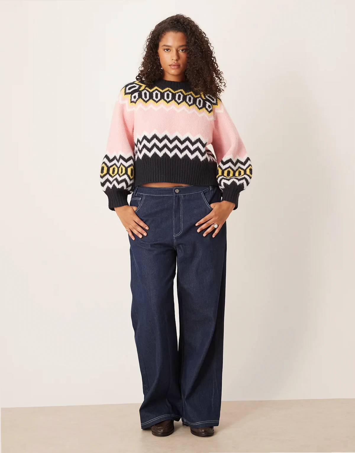 ASOS DESIGN Curve – Sweter z okrągłym dekoltem w granatowy geometryczny skandynawski wzór