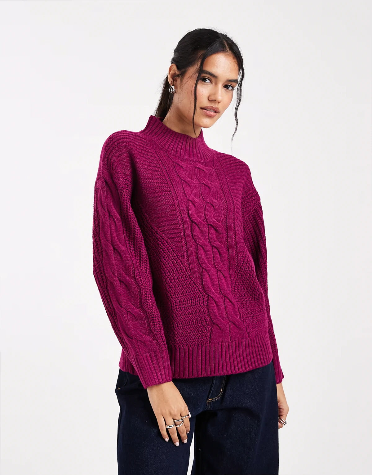 cable knit high neck sweater in aubergine