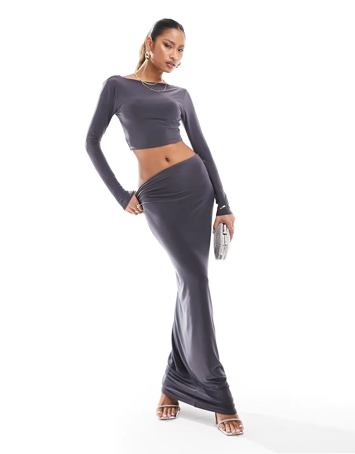 exclusive double layered slinky maxi column skirt in slate blue - part of a set