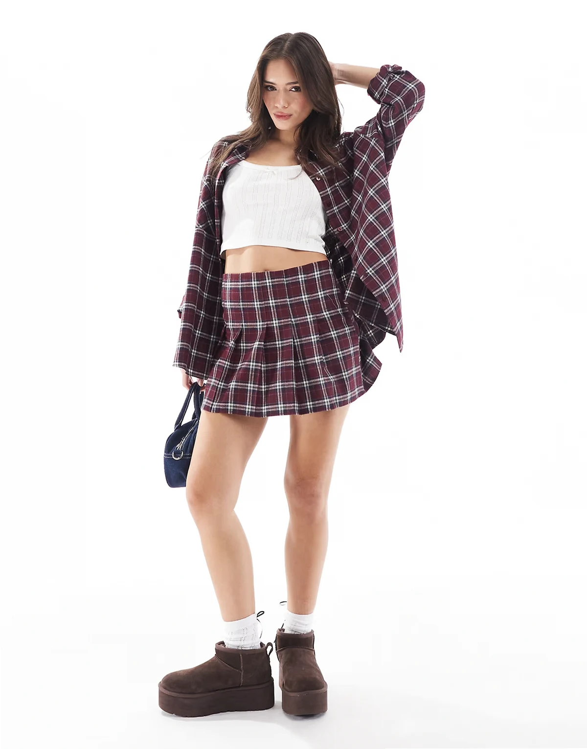 check flannel pleated mini skirt in burgundy