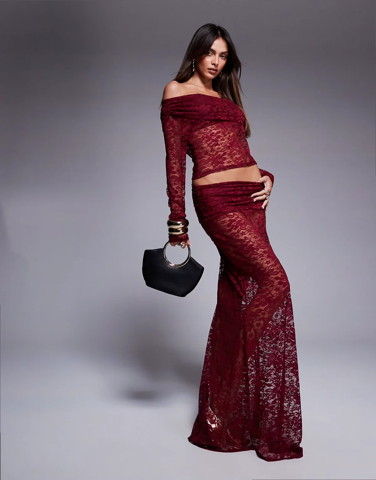 lace maxi skirt with fold over waist detail in burgundy - part of a set