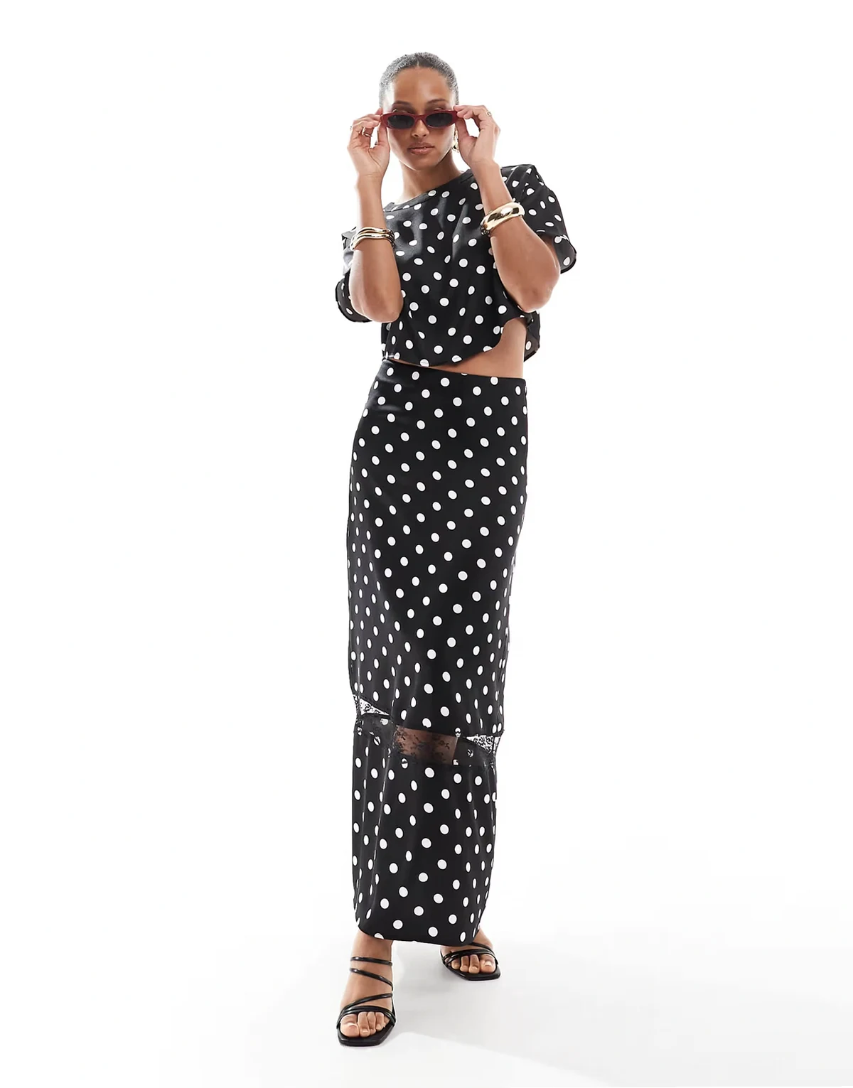 satin lace insert maxi skirt in black polka dot - part of a set