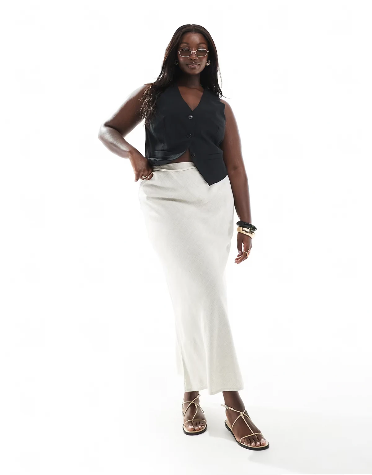 ASOS DESIGN Curve – Szarobeżowa spódnica maxi ze skosu z domieszką lnu