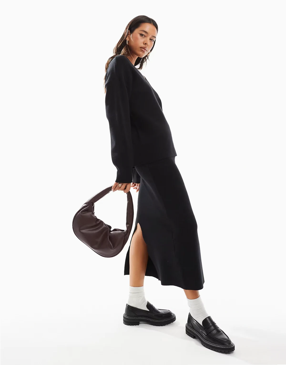 structured knit midi skirt in black - part of a set