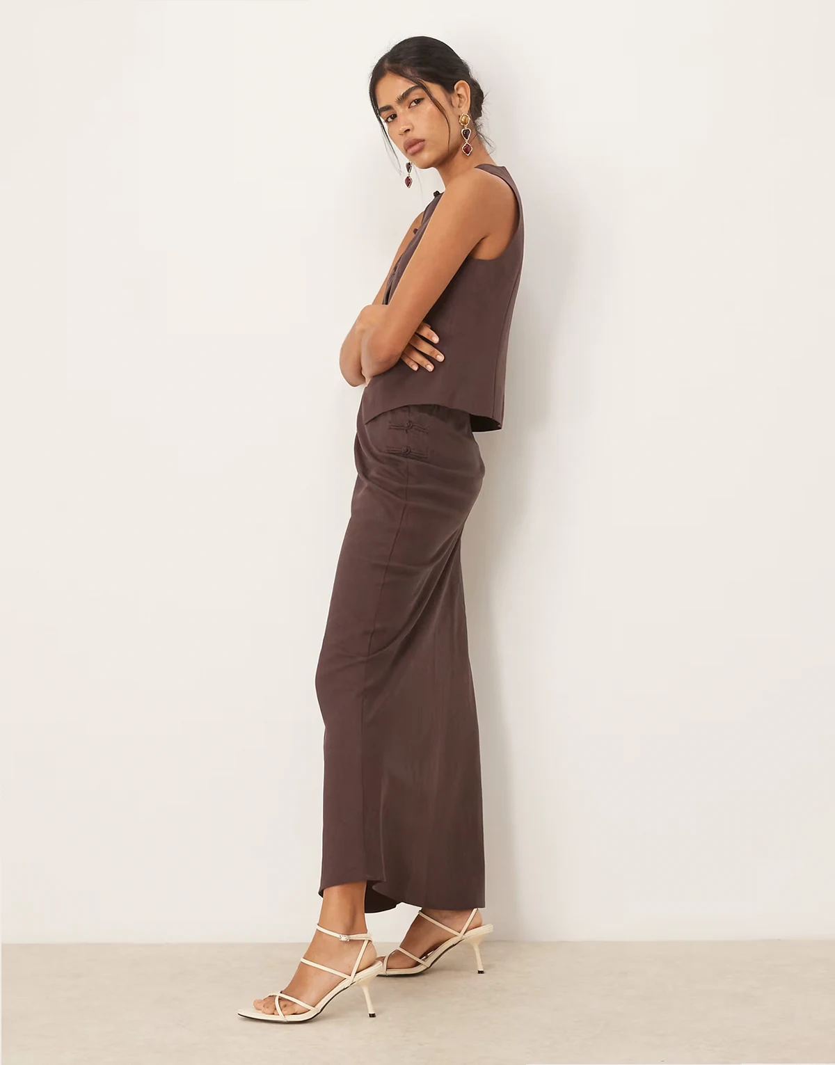 linen blend maxi skirt with side knot in chocolate - part of a set