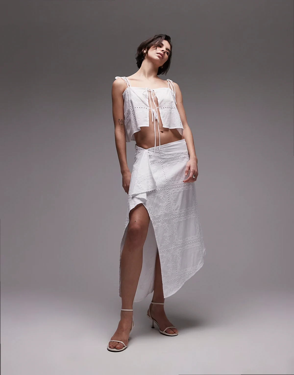 cotton embroidered drape detail midaxi skirt in white - part of a set
