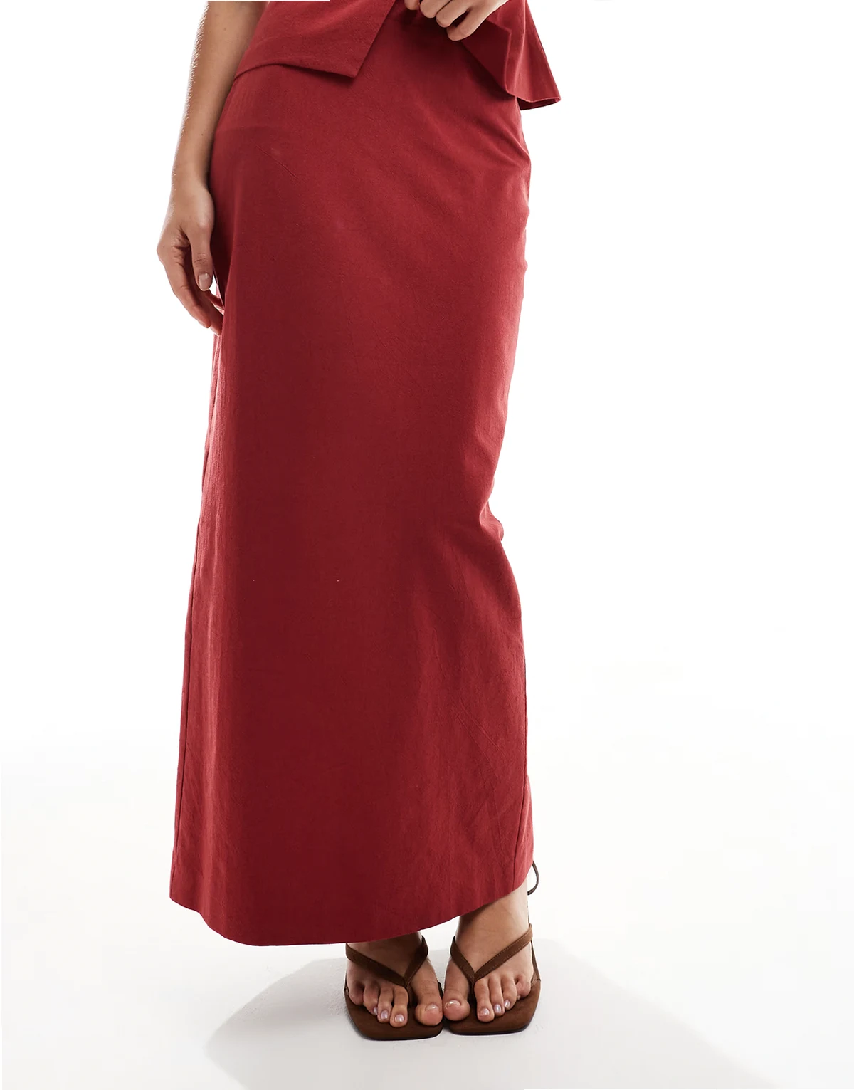 linen look high waisted maxi skirt in rust - part of a set