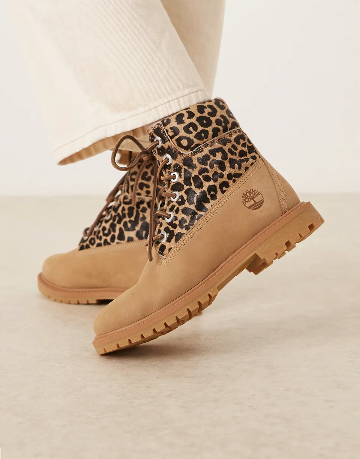 Premium 6 inch lace up boots with leopard detail in beige