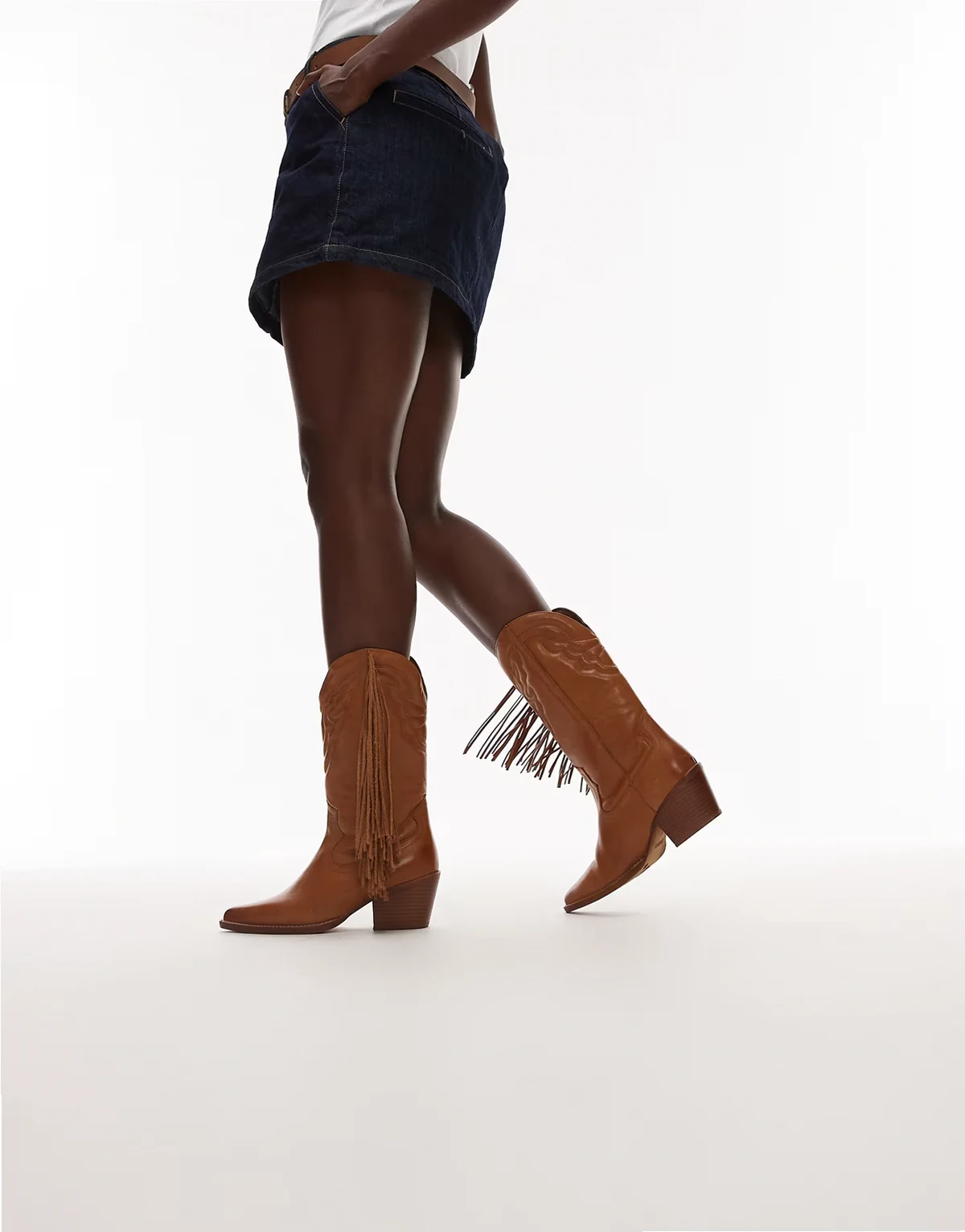 Jukeson tassel western knee boots in toffee smooth leather