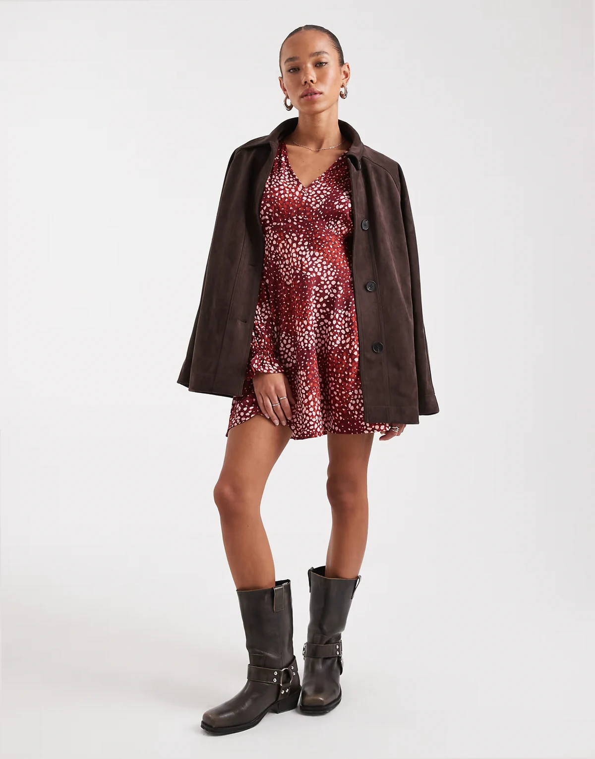 dotty print v-neck mini dress in burgundy and pink
