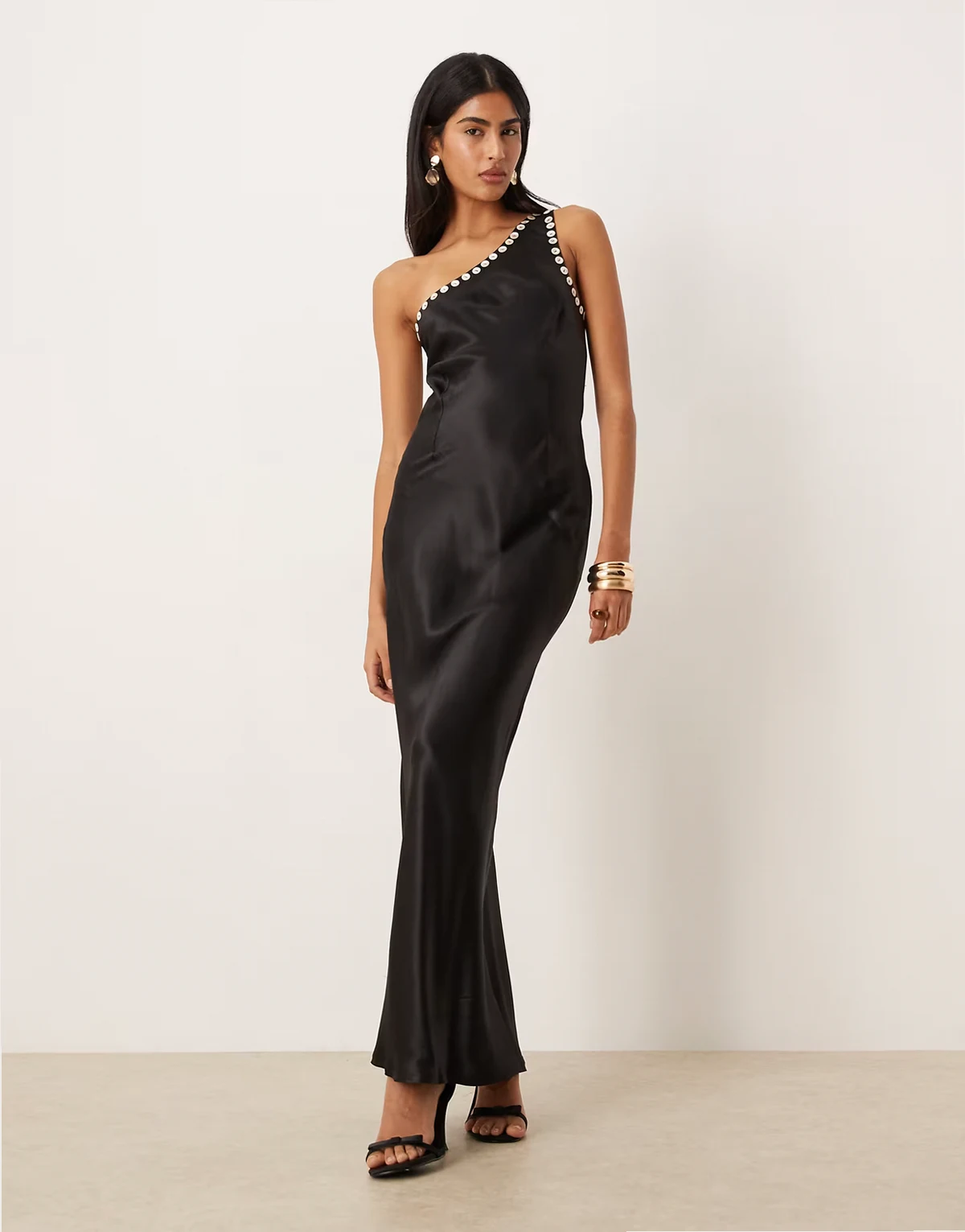 satin one shoulder faux-pearl button detailing maxi dress in black