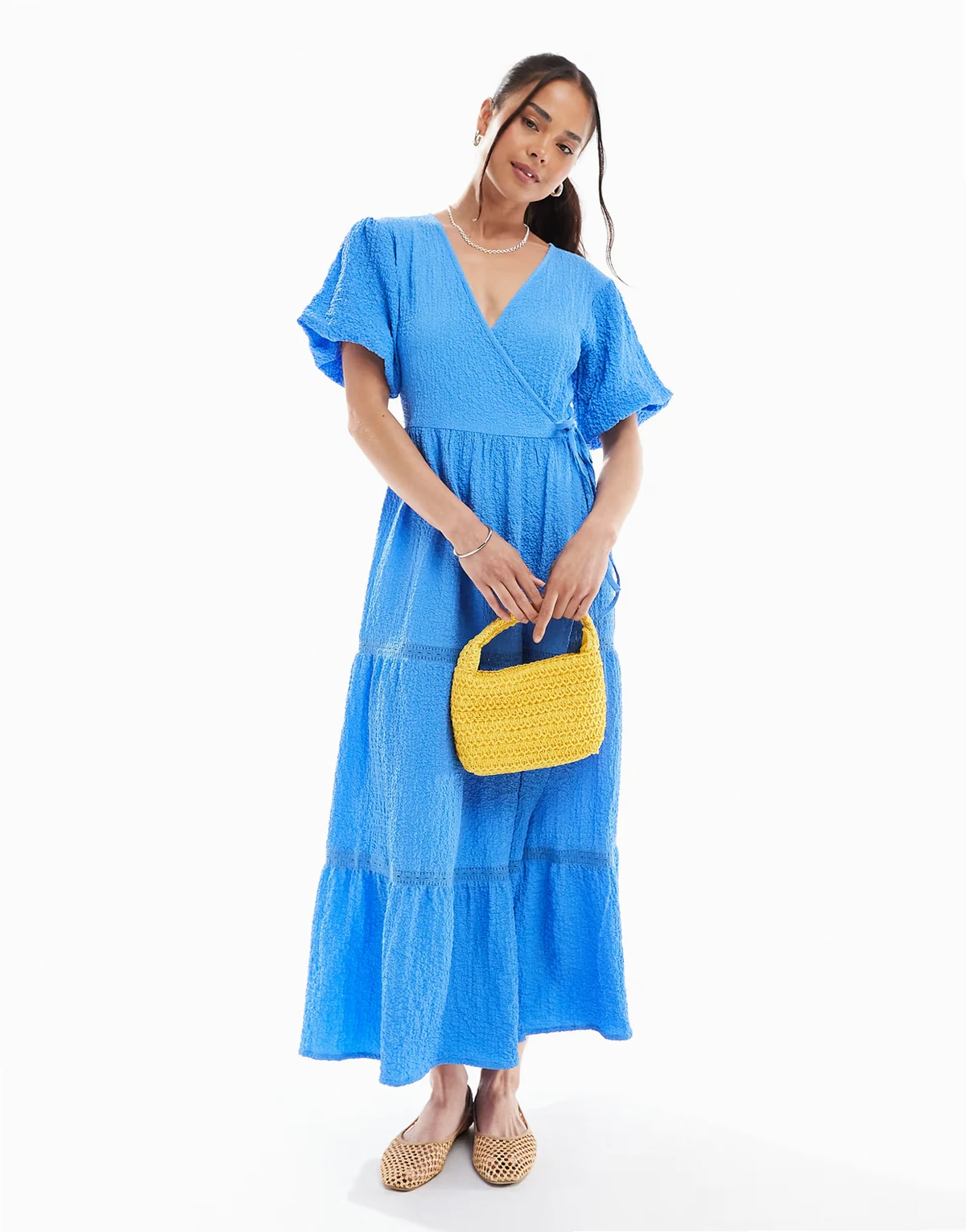 textured wrap detail puff sleeve midi dress in blue